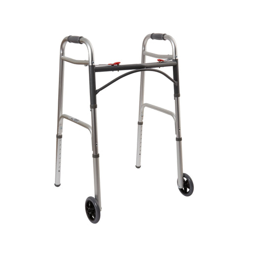 McKesson Adult Aluminum Folding Walker with Wheels - 350lbs Capacity - Medical Supply Surplus