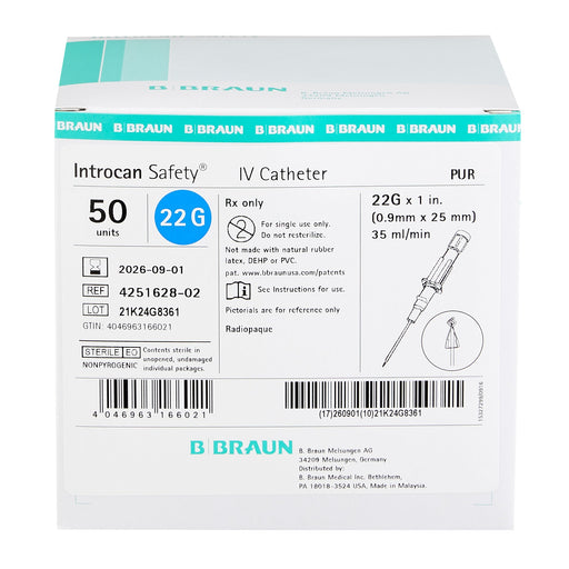 Introcan Safety® 22 Gauge 1 Inch Peripheral IV Catheter - Medical Supply Surplus