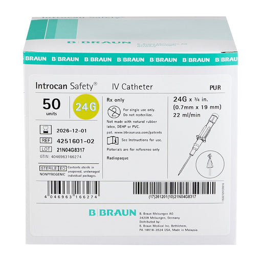 Introcan Safety® 24 Gauge 0.75 Inch Peripheral IV Catheter - Medical Supply Surplus