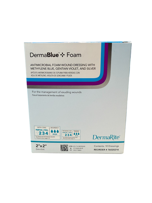 DermaBlue+™ Foam 2x2 Wound Dressing - Box of 10 - Medical Supply Surplus