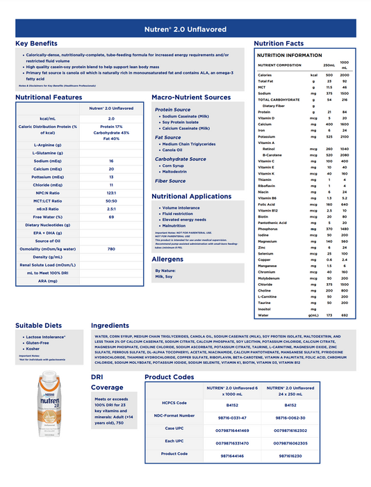 Nutren® 2.0 Tube Feeding Formula 8.45 oz. Unflavored -  24/Carton
