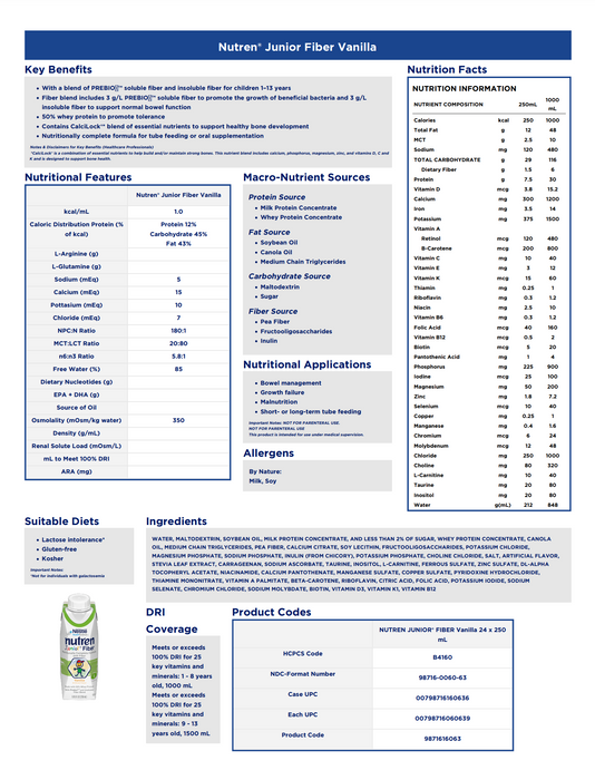 Nutren® Junior Oral Supplement with Fiber 250ml Vanilla -  24/Carton