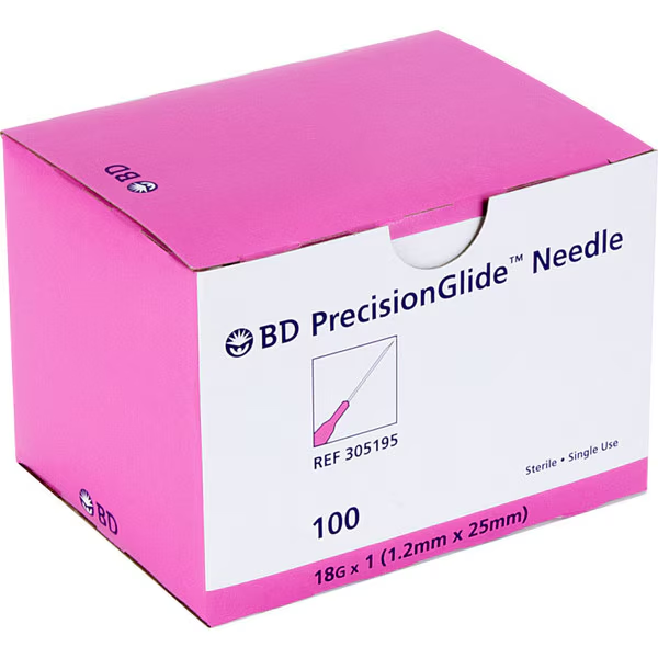BD PrecisionGlide 18G x 1 inch hypodermic needles box of 100, REF 305195