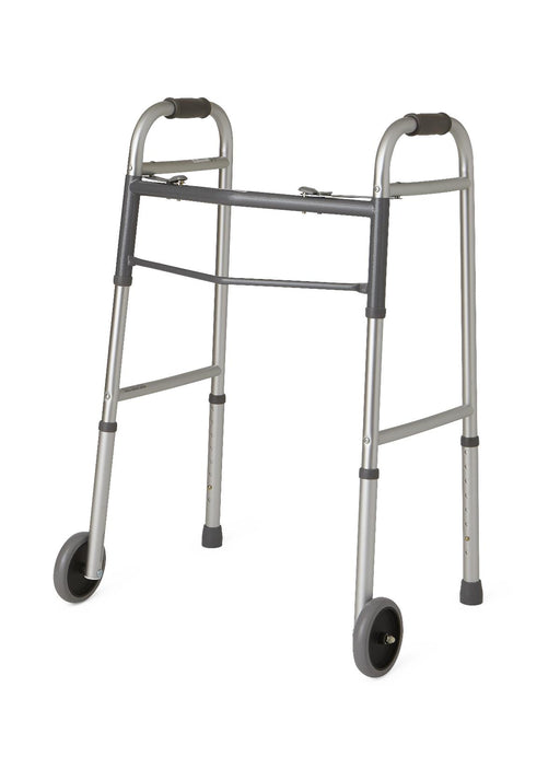 Two-Button Folding Walker with 5" Wheels - Medical Supply Surplus